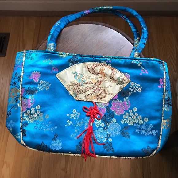 🎉Host Pick🎉 Gorgeous Blue floral Satin Bag - never used - Picture 1 of 12